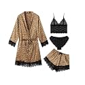 Women's Pajama Satin Sexy Lingerie Robe Set 4 Piece Silk Lace Pjs