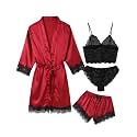 Women's Pajama Satin Sexy Lingerie Robe Set 4 Piece Silk Lace Pjs