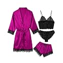 Women's Pajama Satin Sexy Lingerie Robe Set 4 Piece Silk Lace Pjs