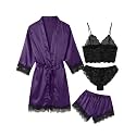 Women's Pajama Satin Sexy Lingerie Robe Set 4 Piece Silk Lace Pjs