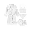 Women's Pajama Satin Sexy Lingerie Robe Set 4 Piece Silk Lace Pjs
