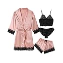 Women's Pajama Satin Sexy Lingerie Robe Set 4 Piece Silk Lace Pjs