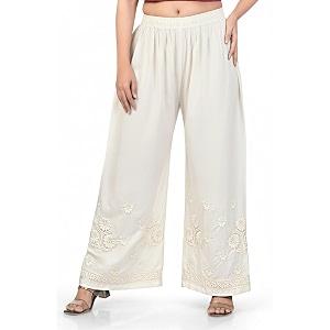 Womens Palazzo Pants with Floral Embroidery Elastic