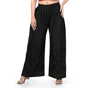Womens Palazzo Pants with Floral Embroidery Elastic