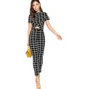 Women's Plaid Print Short Sleeve Tee Top and Pants 2 Piece Outfits