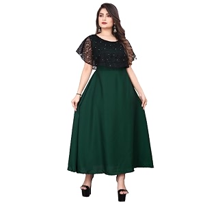 Womens Poly Crepe Round Neck Plain Gown