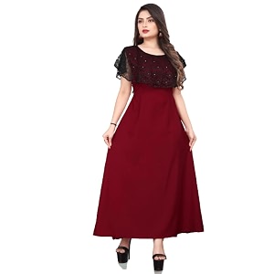 Womens Poly Crepe Round Neck Plain Gown
