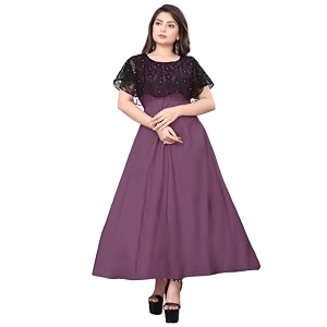 Womens Poly Crepe Round Neck Plain Gown