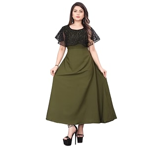 Womens Poly Crepe Round Neck Plain Gown