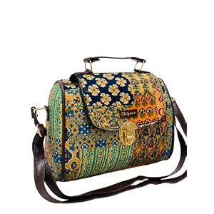womens cotton printed vegan leather satchel  medium top handle handbag with lock closure  spacious crossbody sling bag  elegant ladies purse  gift for teenagers