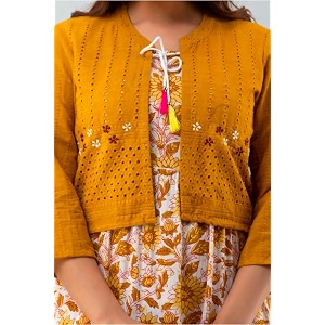 women39s pure cotton anarkali gown kurta with floral print amp embroidered jacket  ethnic long dress for women  festive cotton kurti set