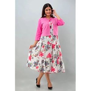 women39s pure cotton anarkali gown kurta with floral print amp embroidered jacket  ethnic long dress for women  festive cotton kurti set