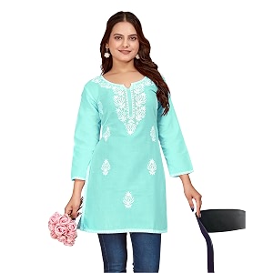 Womens Rayon Chikankari Embroidered Short Kurti