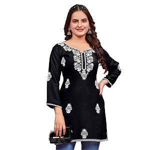 Womens Rayon Chikankari Embroidered Short Kurti