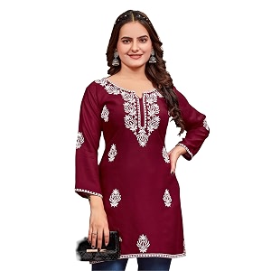 Womens Rayon Chikankari Embroidered Short Kurti