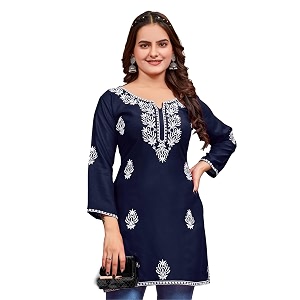Womens Rayon Chikankari Embroidered Short Kurti