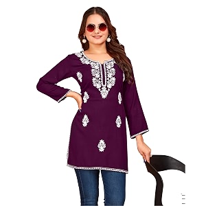 Womens Rayon Chikankari Embroidered Short Kurti