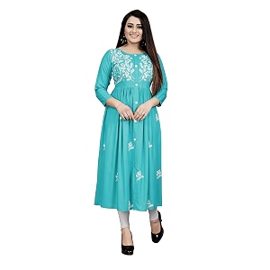 Womens Rayon Flared Embroidery Kurti Under 599