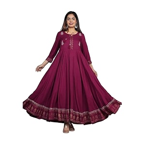 Womens Rayon Golden Flroal Printed Anarkali Kurti