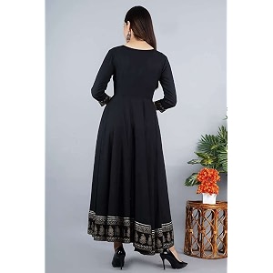Womens Rayon Golden Flroal Printed Anarkali Kurti