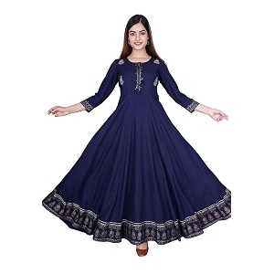 Womens Rayon Golden Flroal Printed Anarkali Kurti