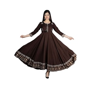 Womens Rayon Golden Flroal Printed Anarkali Kurti