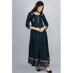 Womens Rayon Golden Flroal Printed Anarkali Kurti