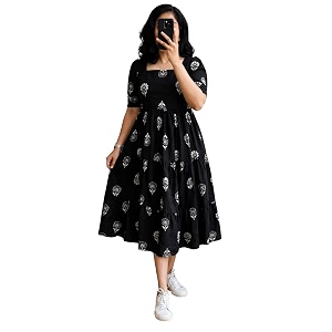 Womens Rayon Printed A-Line Kurti Midi Dress