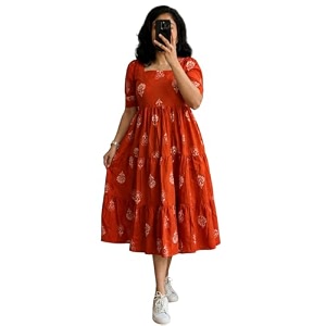 Womens Rayon Printed A-Line Kurti Midi Dress