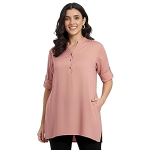 women39s roll-up sleeve tunic top v-neck with button front side pockets rayon short kurti