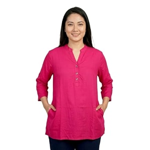 women39s roll-up sleeve tunic top v-neck with button front side pockets rayon short kurti