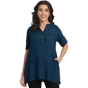 women39s roll-up sleeve tunic top v-neck with button front side pockets rayon short kurti