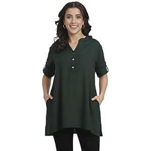 women39s roll-up sleeve tunic top v-neck with button front side pockets rayon short kurti