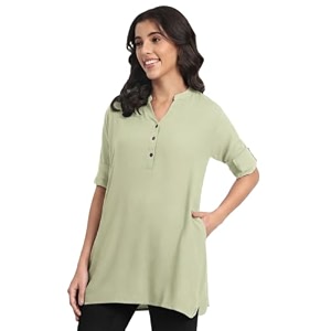 women39s roll-up sleeve tunic top v-neck with button front side pockets rayon short kurti