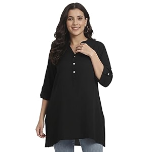 women39s roll-up sleeve tunic top v-neck with button front side pockets rayon short kurti
