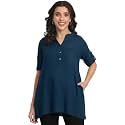 Women's Roll-Up Sleeve Tunic Top, V-Neck with Button Front, Side Pockets, Rayon Short Kurti