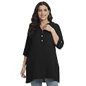 Women's Roll-Up Sleeve Tunic Top, V-Neck with Button Front, Side Pockets, Rayon Short Kurti