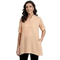 Women's Roll-Up Sleeve Tunic Top, V-Neck with Button Front, Side Pockets, Rayon Short Kurti