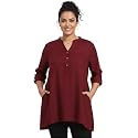 Women's Roll-Up Sleeve Tunic Top, V-Neck with Button Front, Side Pockets, Rayon Short Kurti