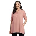 Women's Roll-Up Sleeve Tunic Top, V-Neck with Button Front, Side Pockets, Rayon Short Kurti
