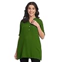 Women's Roll-Up Sleeve Tunic Top, V-Neck with Button Front, Side Pockets, Rayon Short Kurti