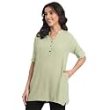 Women's Roll-Up Sleeve Tunic Top, V-Neck with Button Front, Side Pockets, Rayon Short Kurti