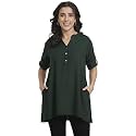 Women's Roll-Up Sleeve Tunic Top, V-Neck with Button Front, Side Pockets, Rayon Short Kurti