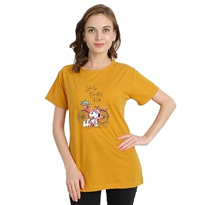 Womens Round Neck Half-Sleeve Printed Cotton Regular