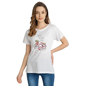 Womens Round Neck Half-Sleeve Printed Cotton Regular