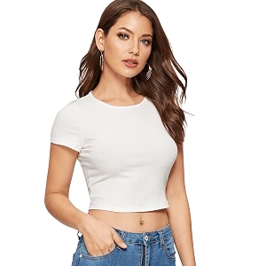Womens Round Neck Short Sleeve Ribbd Knit