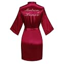 Women's Satin Robe Short Kimono for Bride &amp; Bridesmaid with Silver Rhinestones, Wedding Party Robes