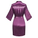 Women's Satin Robe Short Kimono for Bride &amp; Bridesmaid with Silver Rhinestones, Wedding Party Robes