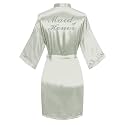 Women's Satin Robe Short Kimono for Bride &amp; Bridesmaid with Silver Rhinestones, Wedding Party Robes