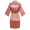 Women's Satin Robe Short Kimono for Bride &amp; Bridesmaid with Silver Rhinestones, Wedding Party Robes